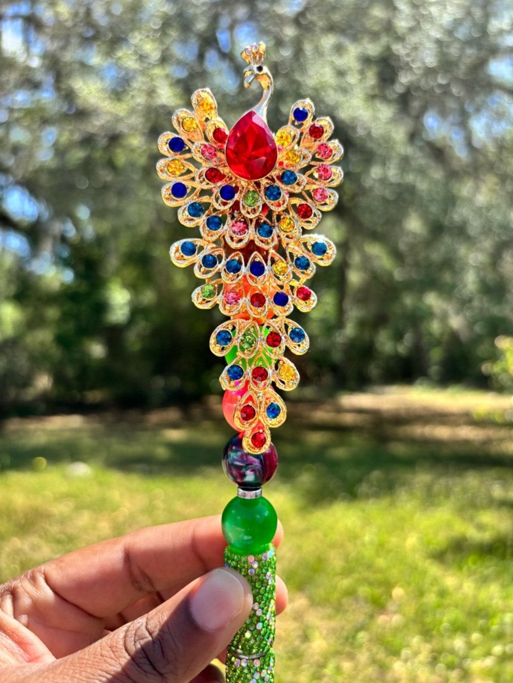 Handcrafted Gold Jeweled Rhinestone Peacock Crystal Pen - Multicolor Gem Accent - Picture 4 of 7